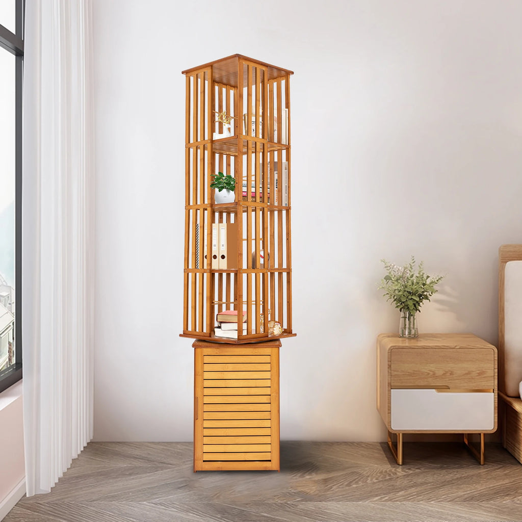 6-Tier Corner Bamboo Book Shelf Waterproof 360° Rotating Storage Display Rack Floor Standing Bookcase Shutter Door Design for Living Room Study Room Office,37*37*172cm