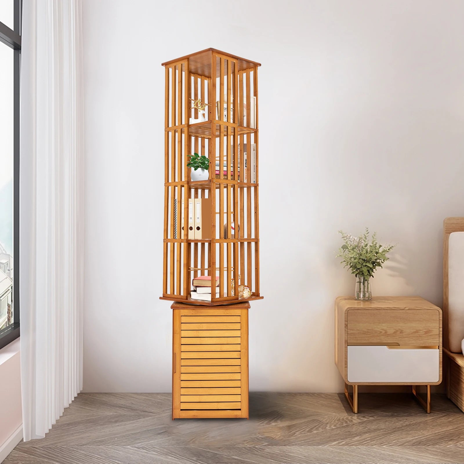 6-Tier Corner Bamboo Book Shelf Waterproof 360° Rotating Storage Display Rack Floor Standing Bookcase Shutter Door Design for Living Room Study Room Office,37*37*172cm