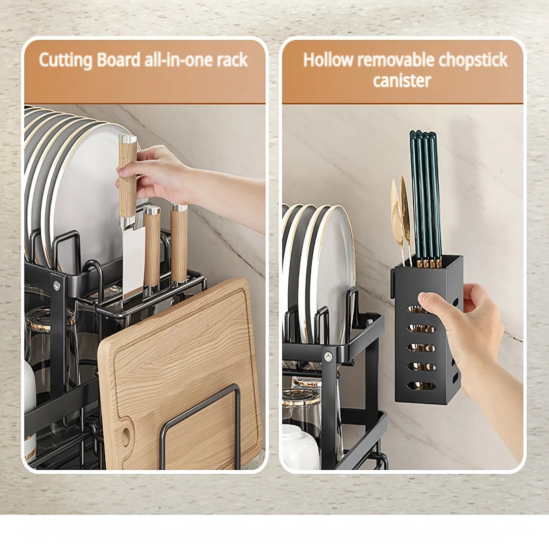 2-Tier Expandable Dish Drying Rack, Metal Kitchen Dish Rack and Drainboard Set with Knife Fork Holder & Cutting Board Organizer for Countertop