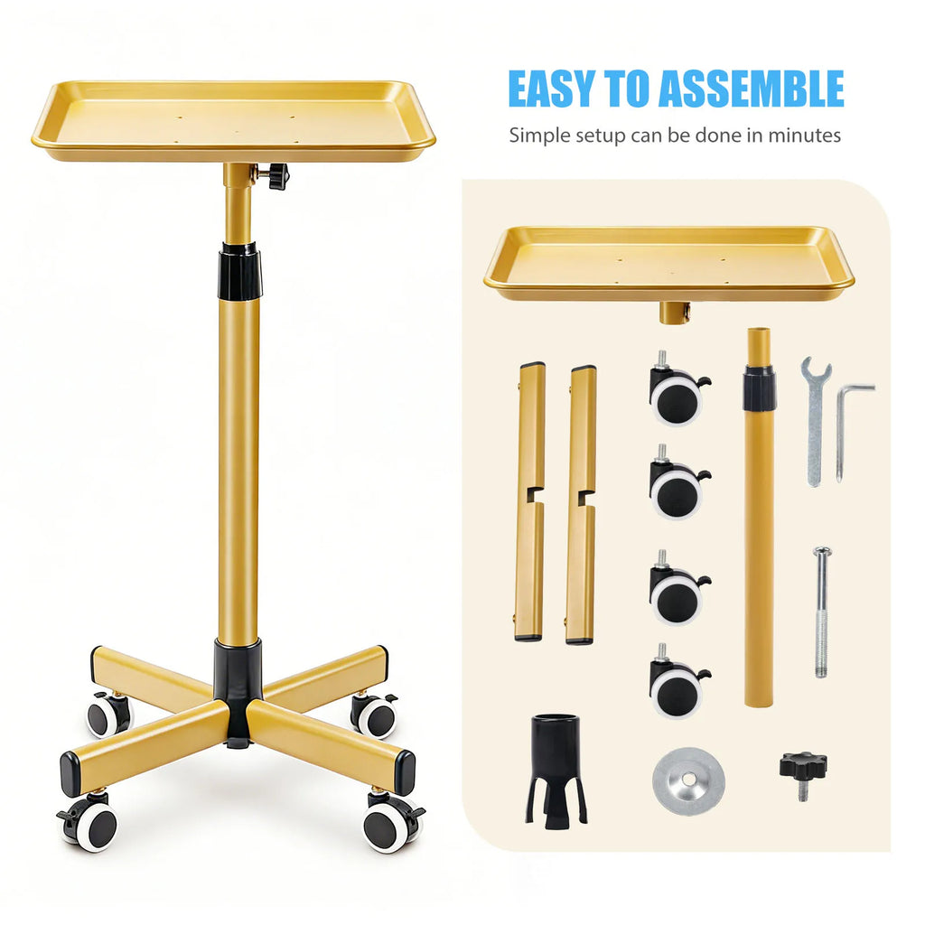 Heavy-Duty Adjustable Height Salon Cart with Large Aluminum Tray Mobile Service Trolley for Home Tattoo SPA