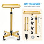 Heavy-Duty Adjustable Height Salon Cart with Large Aluminum Tray Mobile Service Trolley for Home Tattoo SPA