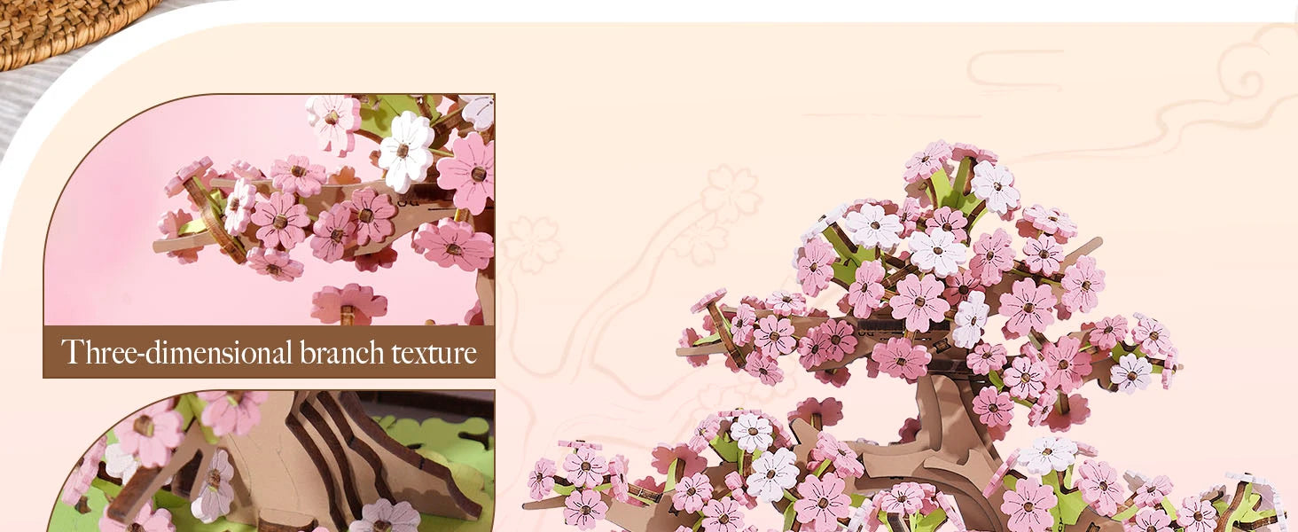 Rolife DIY Wooden 3D Puzzle Sakura Bonsai Model Building Kit for Home Decor Christmas Birthday Gifts for Adults Kids Friends