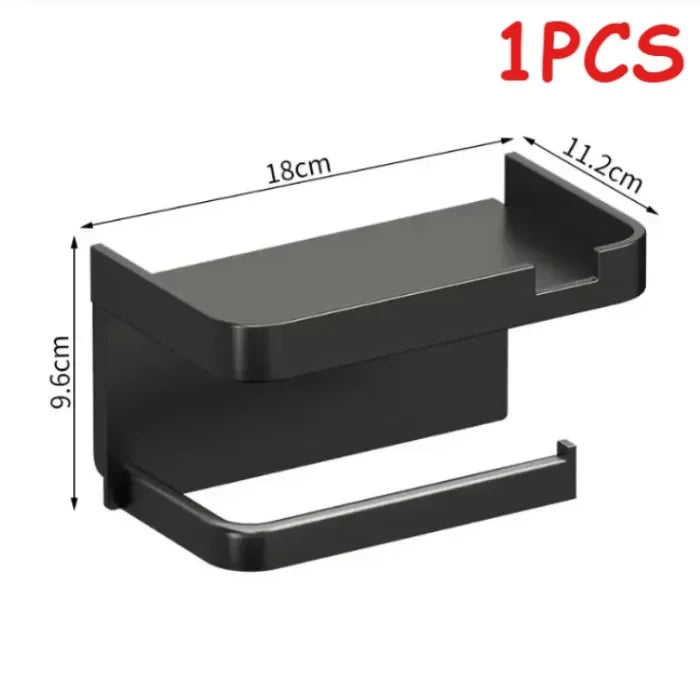 ‌Wall-Mounted Toilet Paper Holder with Phone Rack - No Hole Installation, Space-Saving Storage for Bathroom, Sturdy Stand