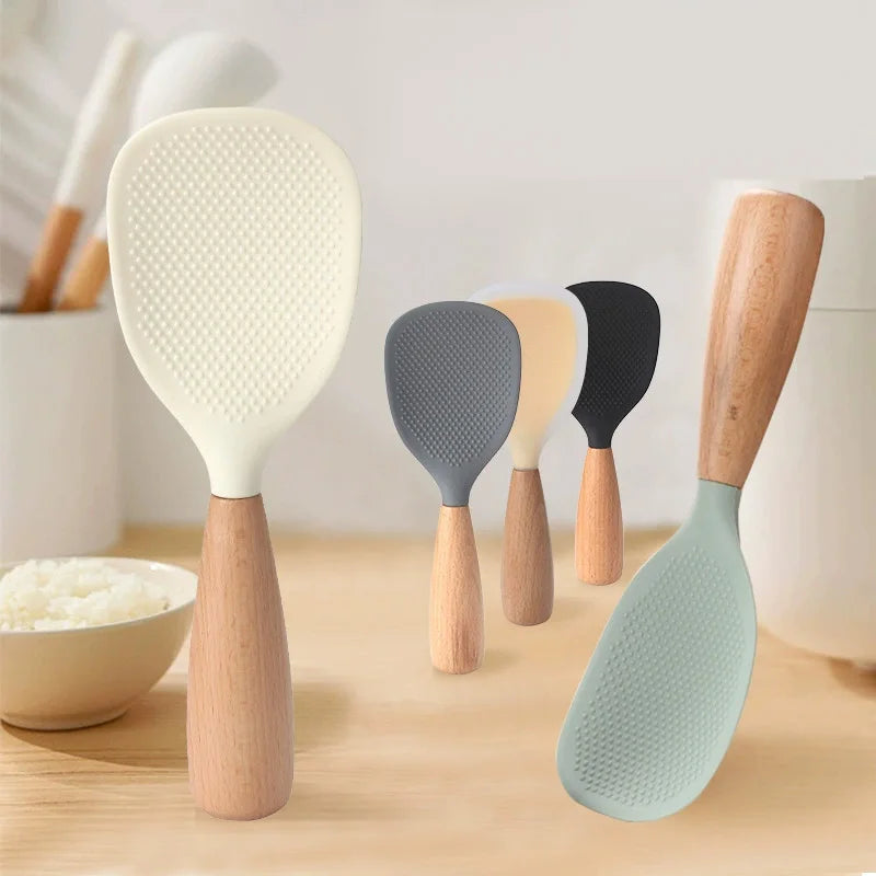 Wooden Handle Silicone Rice Spoon, Heat-Resistant, Anti-Scald, Odor-Free, for Home & Restaurants