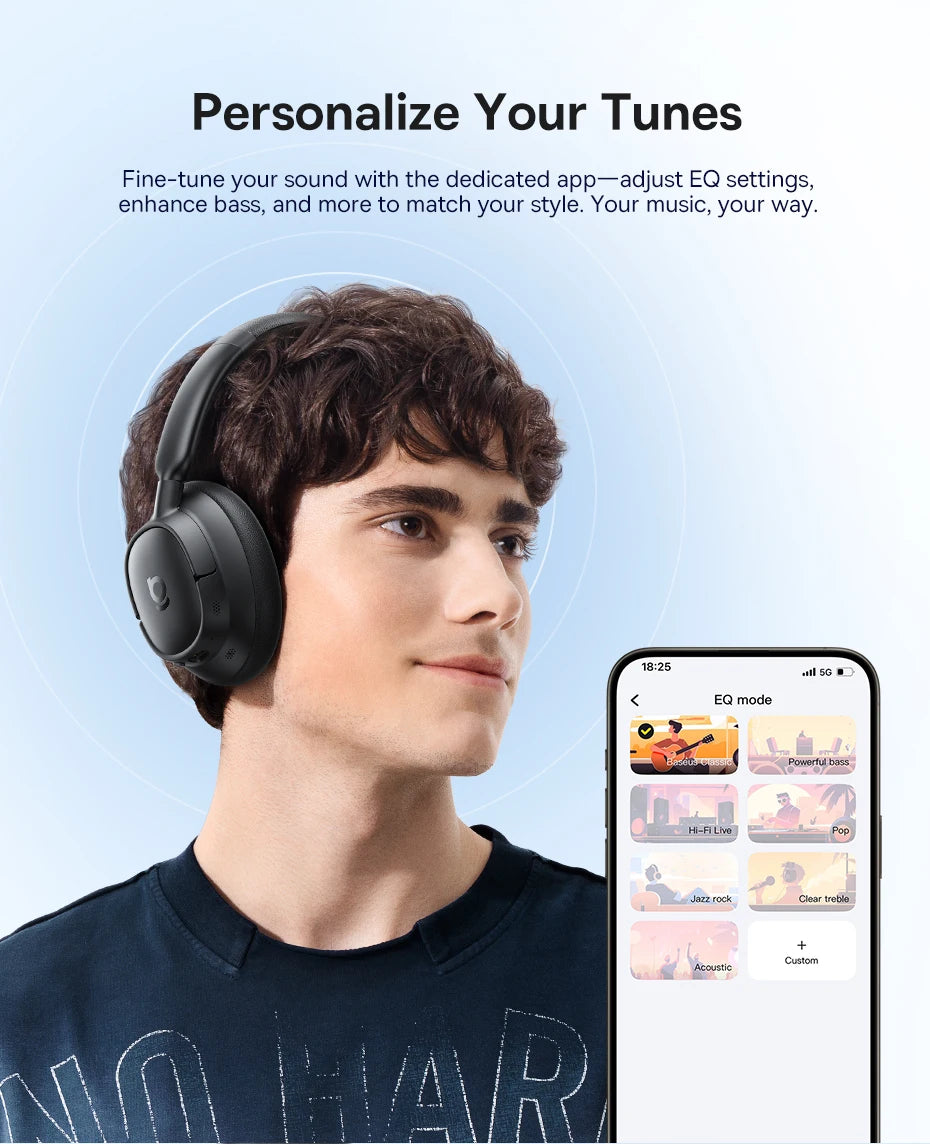 Baseus Bass Wireless Headphones Bluetooth 6.0 98% Noise Canceling Over Ear Headset Spatial Audio Earphone 80H Time