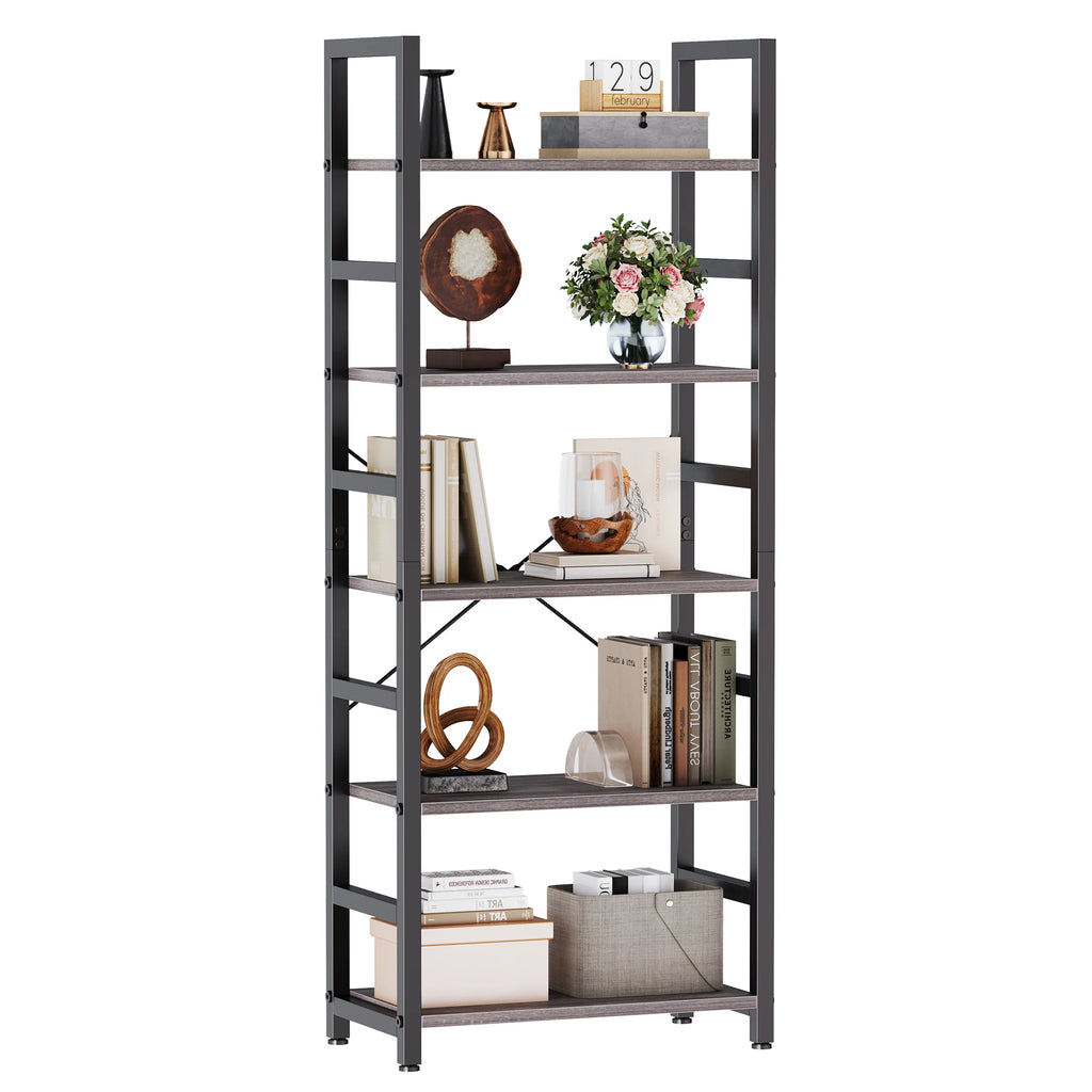 MCQ Wooden Storage Standing 5 Tiers Display Bookshelf Sturdy Structure Graduated Shelves Adjustable Feet for Living Room