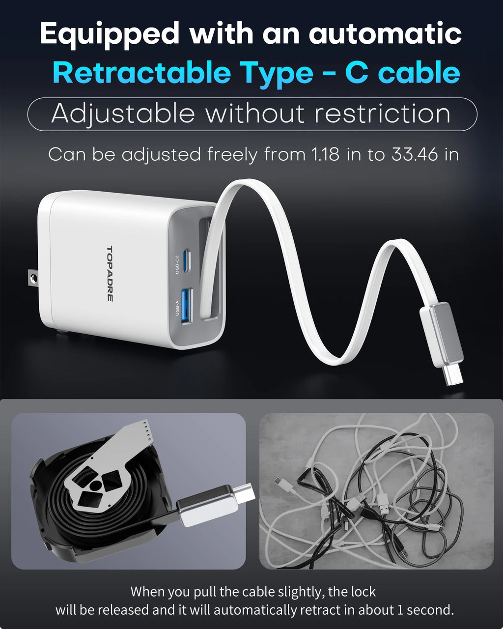 65W GaN Wall Charger with Retractable USB-C Cable, Dual-Port PD 3.0 & QC 4+ / 4.0 Fast Charging for iPhone, Galaxy, Pixel, iPad, Tablets, Nintendo Switch, AirPods