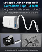 65W GaN Wall Charger with Retractable USB-C Cable, Dual-Port PD 3.0 & QC 4+ / 4.0 Fast Charging for iPhone, Galaxy, Pixel, iPad, Tablets, Nintendo Switch, AirPods
