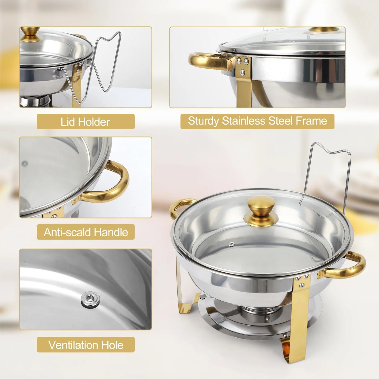 2/4 Pack Chafing Dish Buffet Set, 5QT Buffet Servers and Warmers, Round Catering Warmer with Glass Lid & Lid Holder for Party