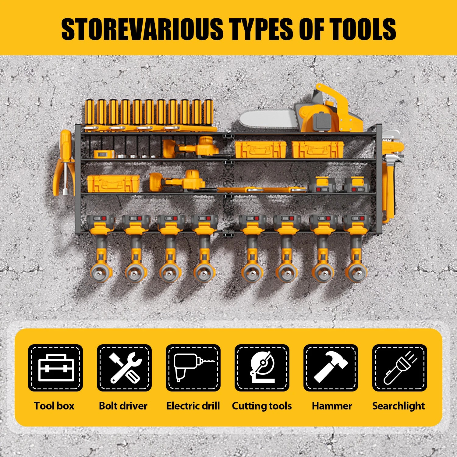 Power Tool Storage Rack 4 Layers Organizer-8 Tool Floating Shelf Wall Mount Heavy Duty Iron Drill Holder for Basement Workbench