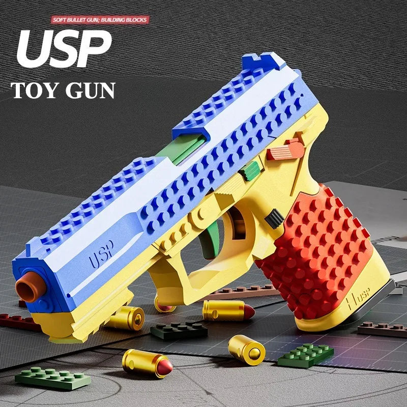 SIG17/USP Building Block Toy Gun Shell Throwing Continuous Firing Airsoft Blowback Empty Hanging Toy Pistol for Outdoor CS Game