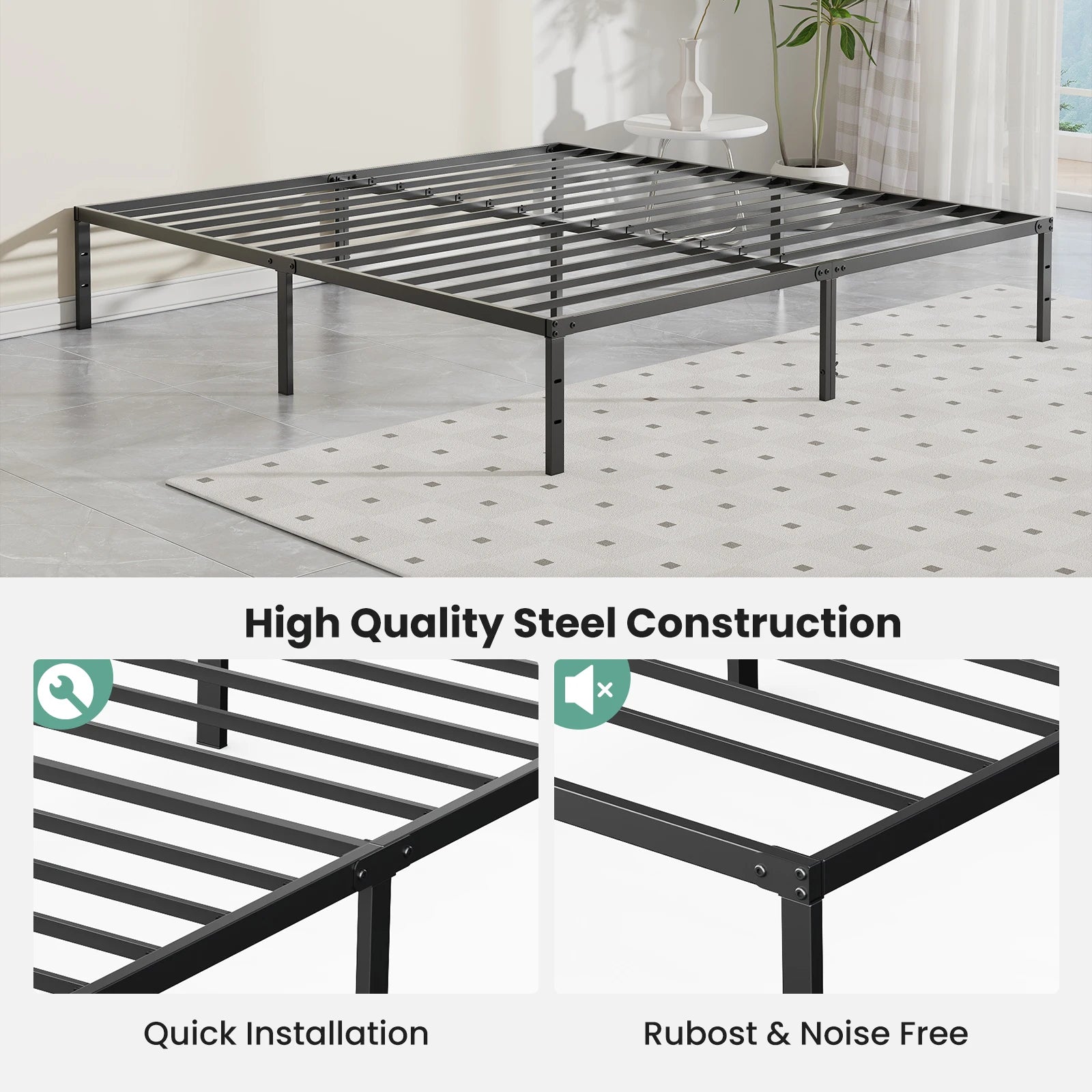 JHK Metal Platform 16IN Tall Basic Bed Frame Sturdy Steel Heavy Duty with Storage Space Bedroom Frames Slat Support For Home