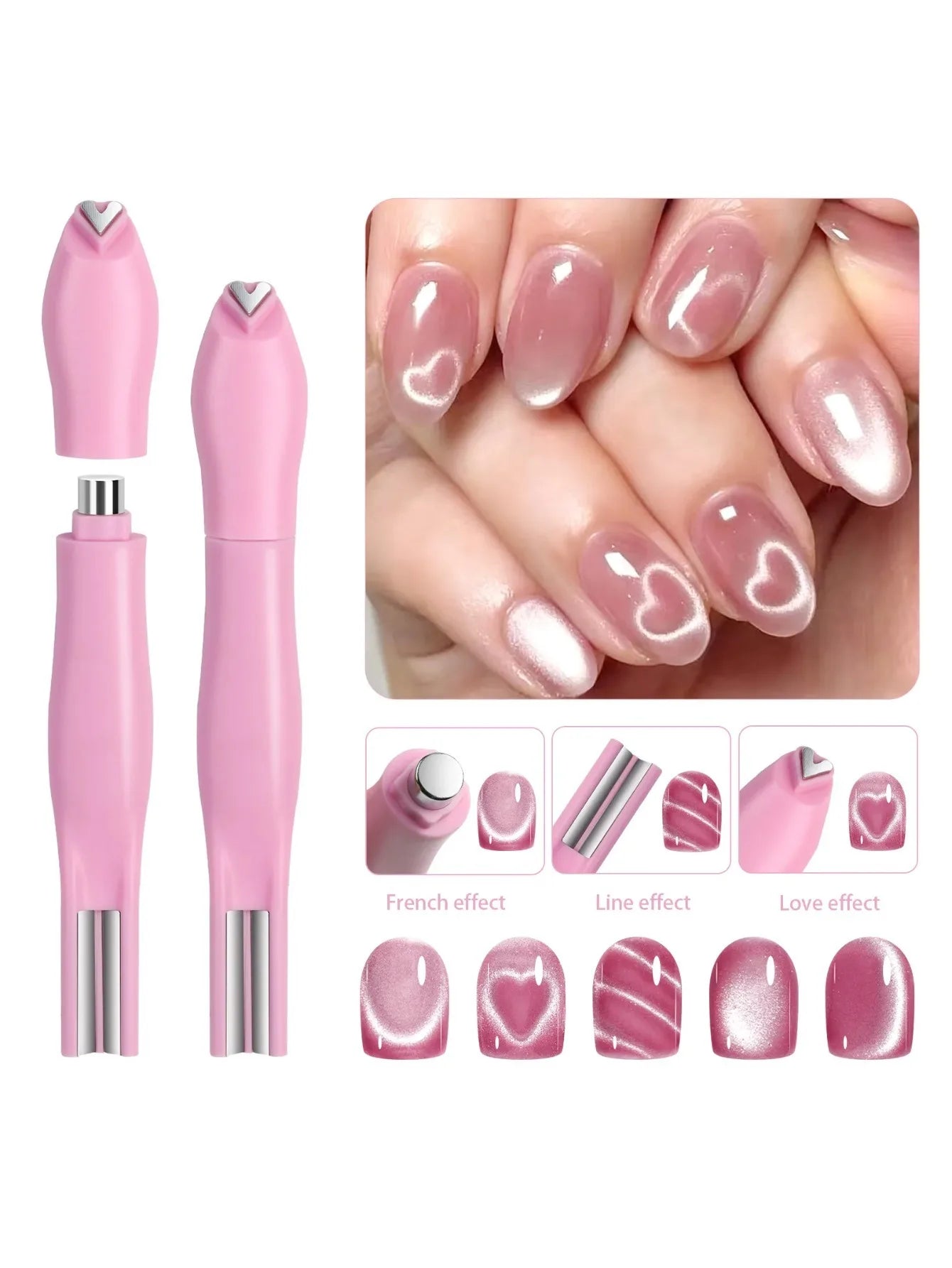 1Pcs 3-In-1 Heart Shape Cat Eye Nail Art Magnet Double Line Moon Snake French Magnet Pen for Magnetic Gel Polish Manicure Tools
