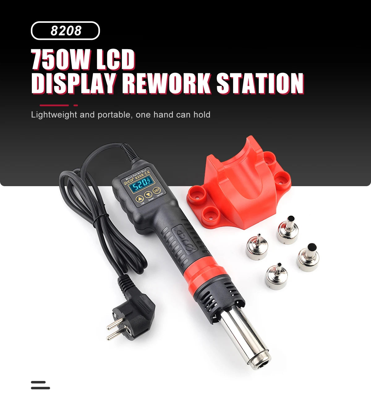 JCD 750W Micro Heat Gun Rework Soldering Air Station LCD Digital Hair Dryer 220V 110V For BGA SMD Hot Air Soldering Tools 8208