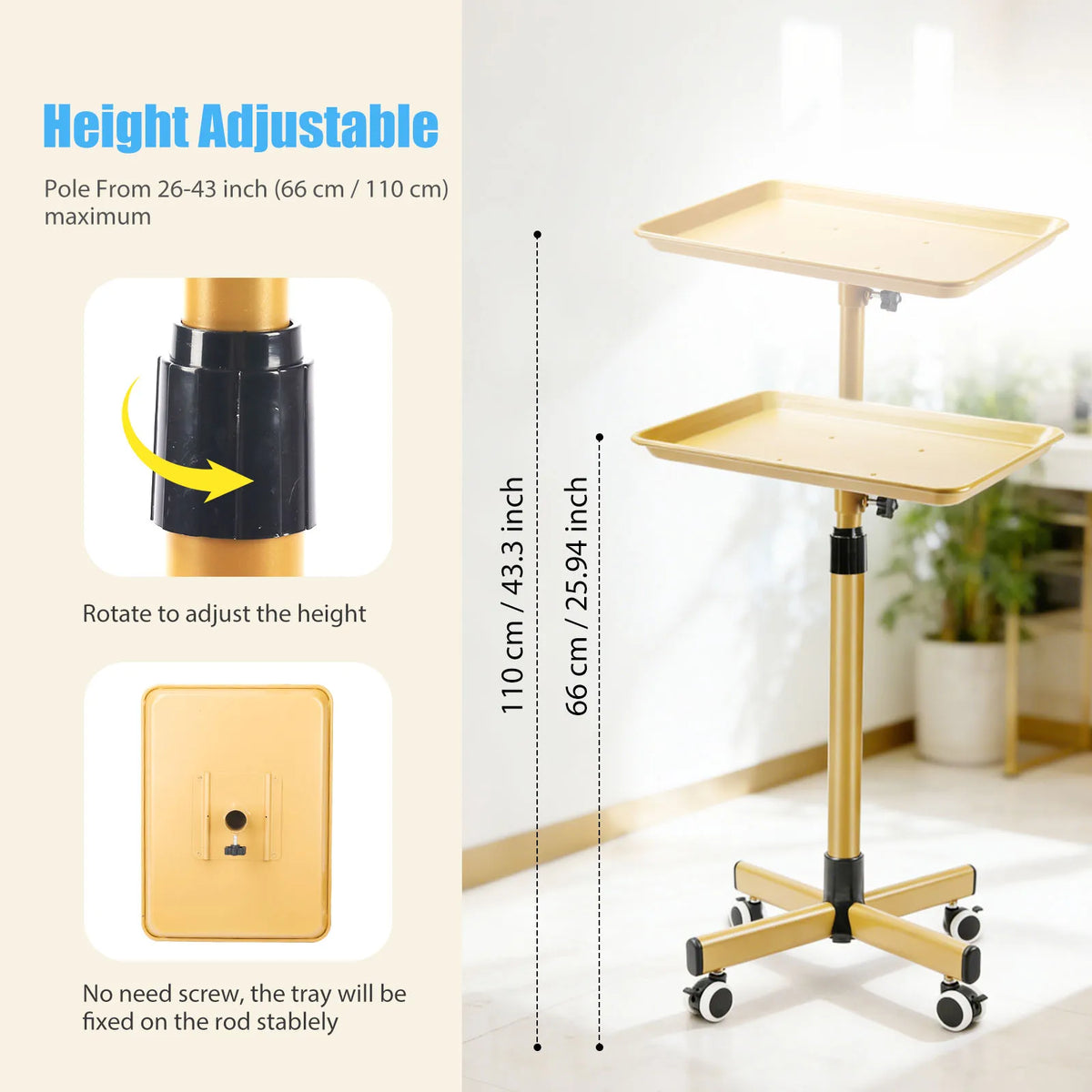 Heavy-Duty Adjustable Height Salon Cart with Large Aluminum Tray Mobile Service Trolley for Home Tattoo SPA