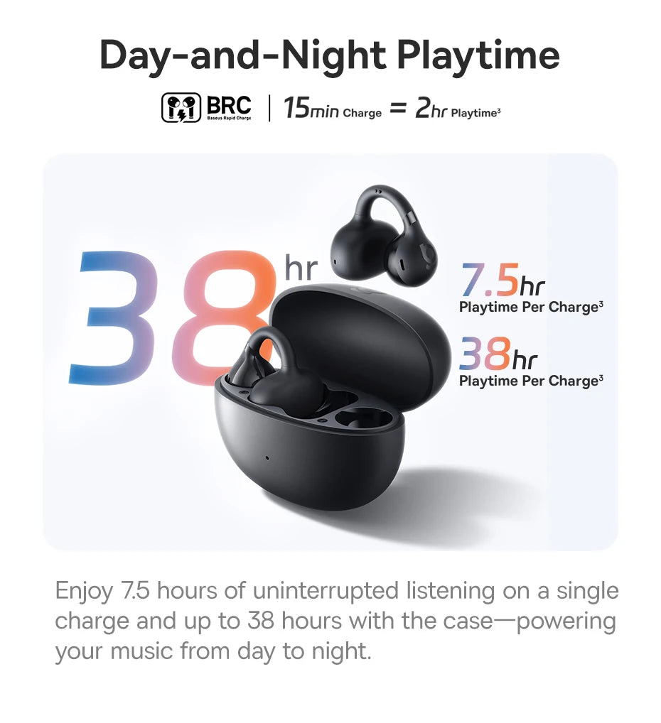 Baseus Bass BC1 Open Ear Earbuds Clip-On Headphones Open-Ring Comfort Clip Earphones SuperBass 4-Mic Clear Calls Sports Earbuds