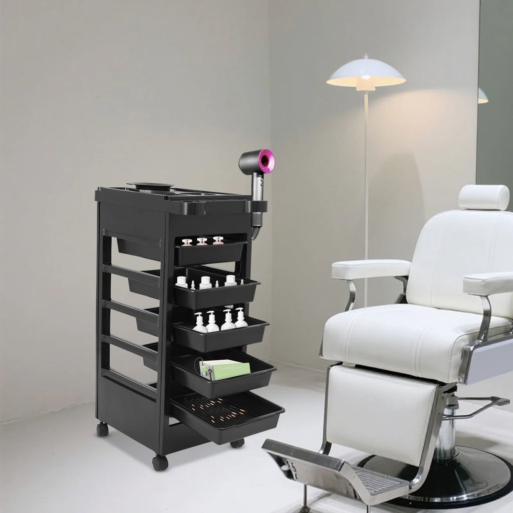 Salon Trolley Cart with Wheels and 5 Drawers, Multipurpose Beauty Cart, Hairdressing Rolling Cart for Barbershop Beauty Spa, Black