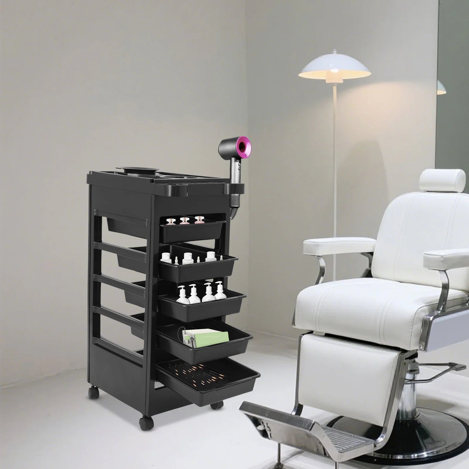 Salon Trolley Cart with Wheels and 5 Drawers, Multipurpose Beauty Cart, Hairdressing Rolling Cart for Barbershop Beauty Spa, Black