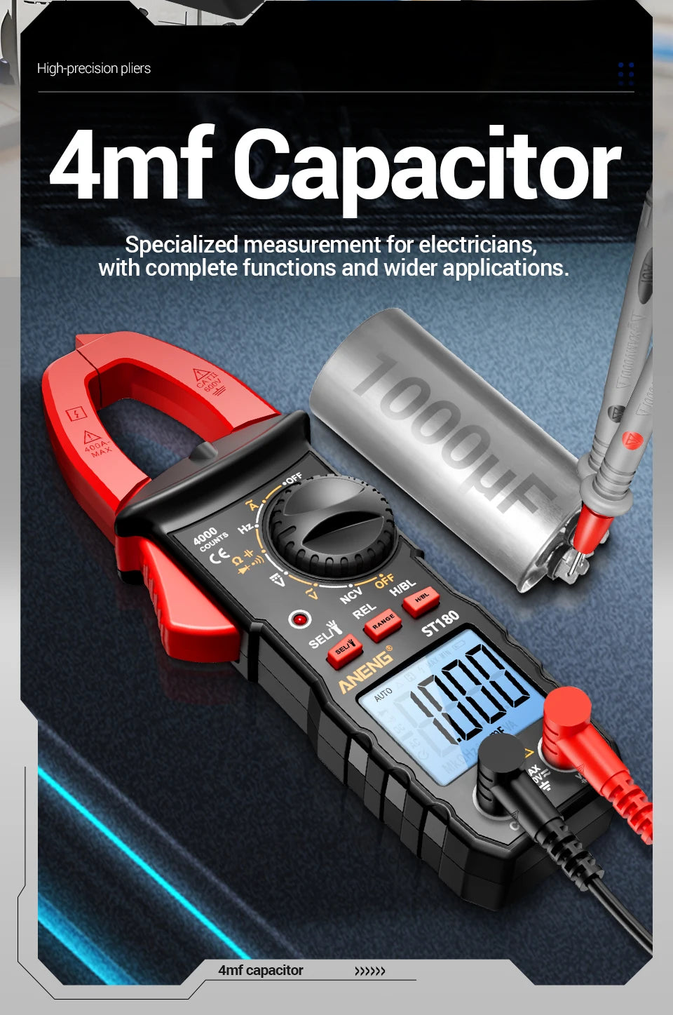 ANENG ST180 Digital Clamp Meter 4000 Counts Multimeter AC Current NCV Capacitance Resistance Frequency Tester Measurement Tool