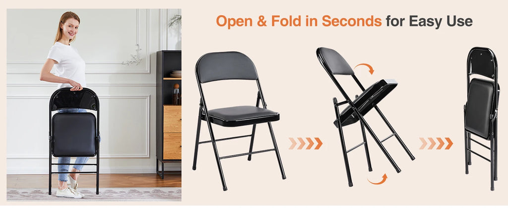 JHK Leather Padded Folding Living Room Chairs 2 Pack Sturdy Metal Foldable Chair Easy to Use and Storage Outdoor for Home Office