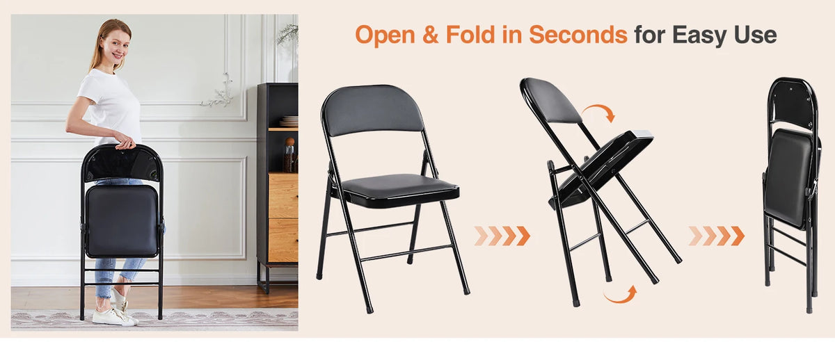 JHK Leather Padded Folding Living Room Chairs 2 Pack Sturdy Metal Foldable Chair Easy to Use and Storage Outdoor for Home Office