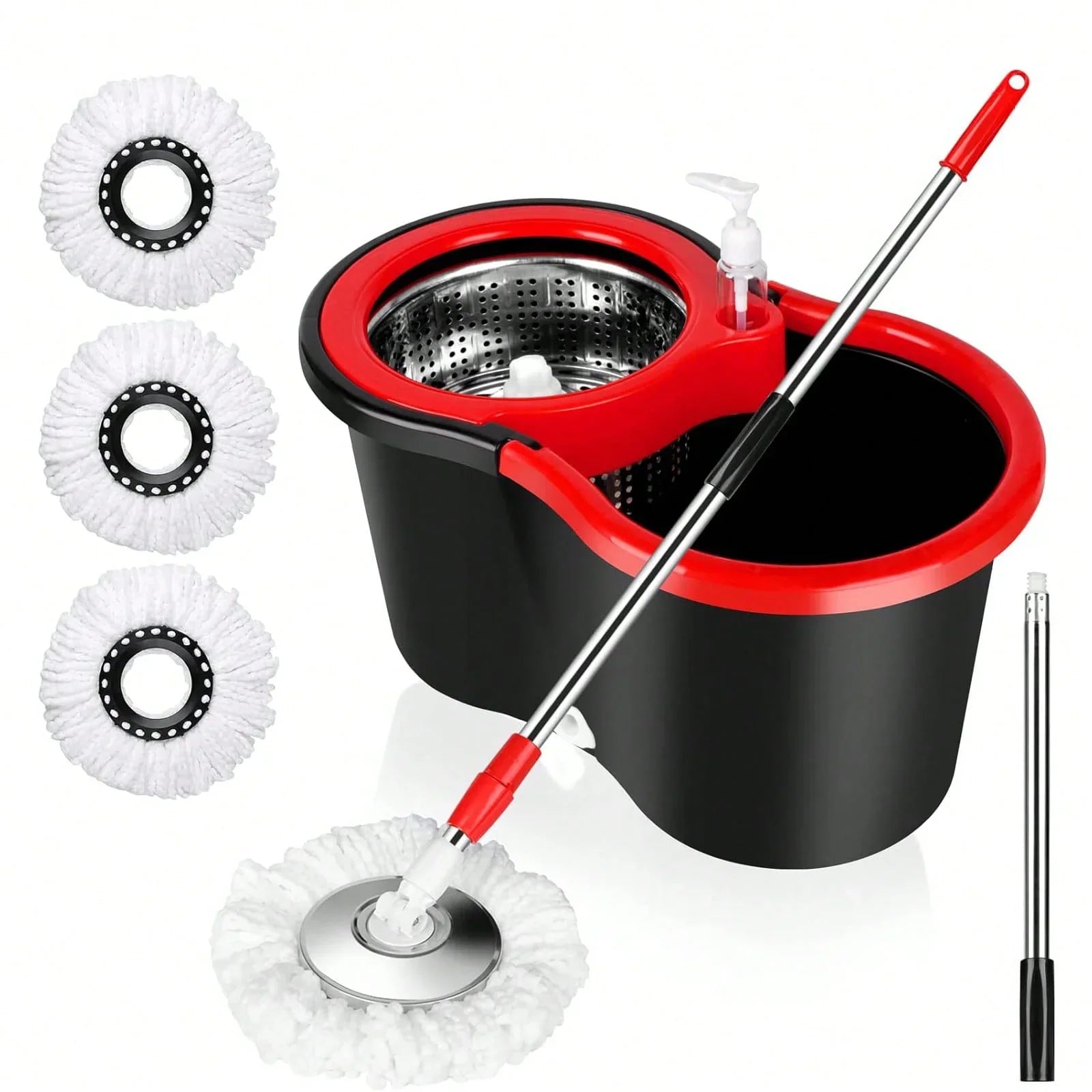 Spin Mop Bucket Set with Soap Dispenser 360°Rotating 2 Microfiber Heads 61" Adjustable Stainless Steel Handle 20QT Floor Cleaner