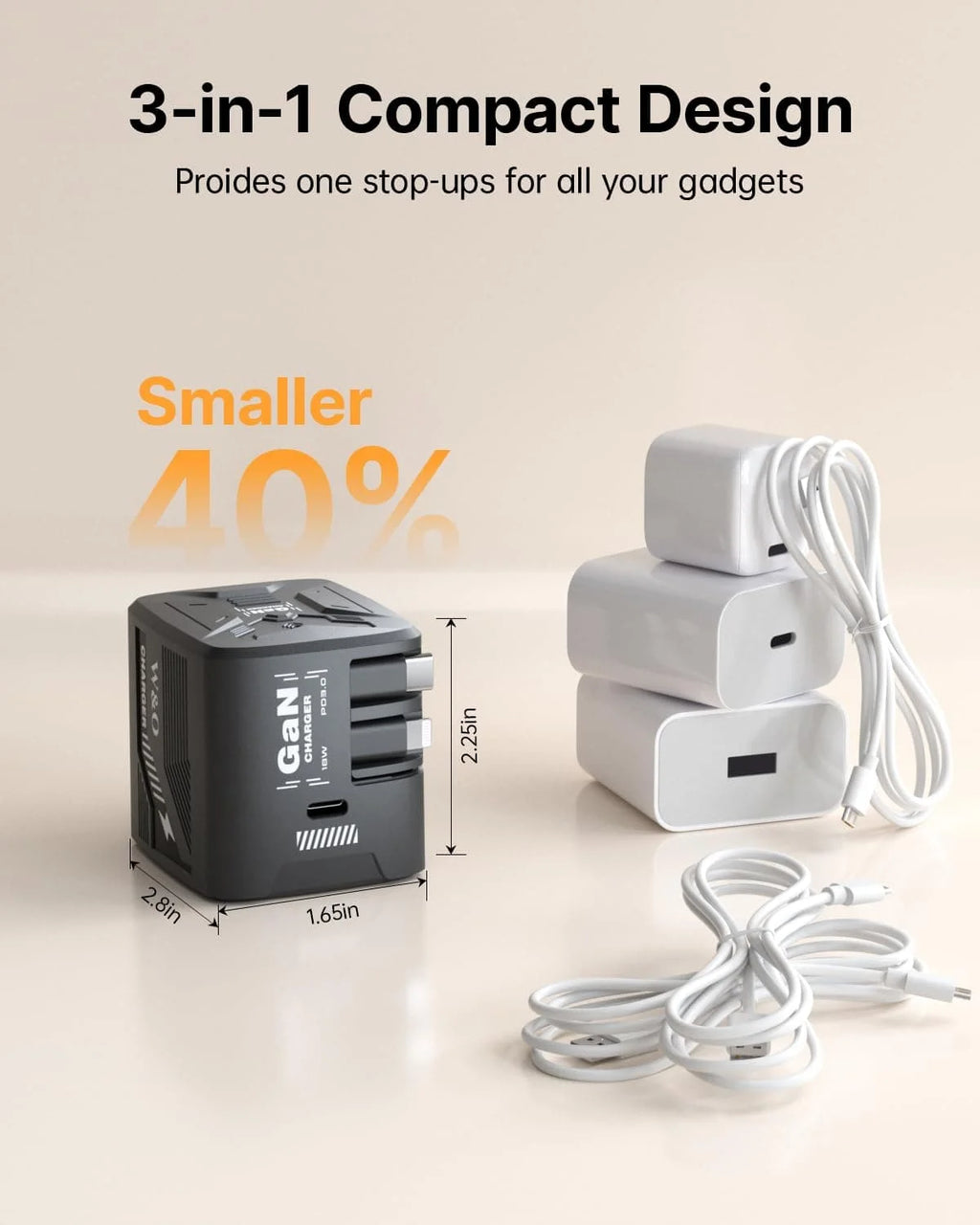 W & O 60W GAN Fast Charger for iPhone, Retractable Phone Charger Wall Plug with Type‑C & Compatible Lightning Cables, for iPhone 17/16/15, Galaxy S25/24, Android Devices