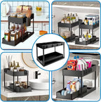 2 Tier Sliding Under Sink Organizer with 5 Side Hooks and 3 Detachable Hanging Baskets,Pull Out Rustproof Metal Storage Rack,Tool Free Assembly,Multi Scene Space Saving Shelf for Kitchen,Bathroom,Laundry Room,Pantry,Apartment