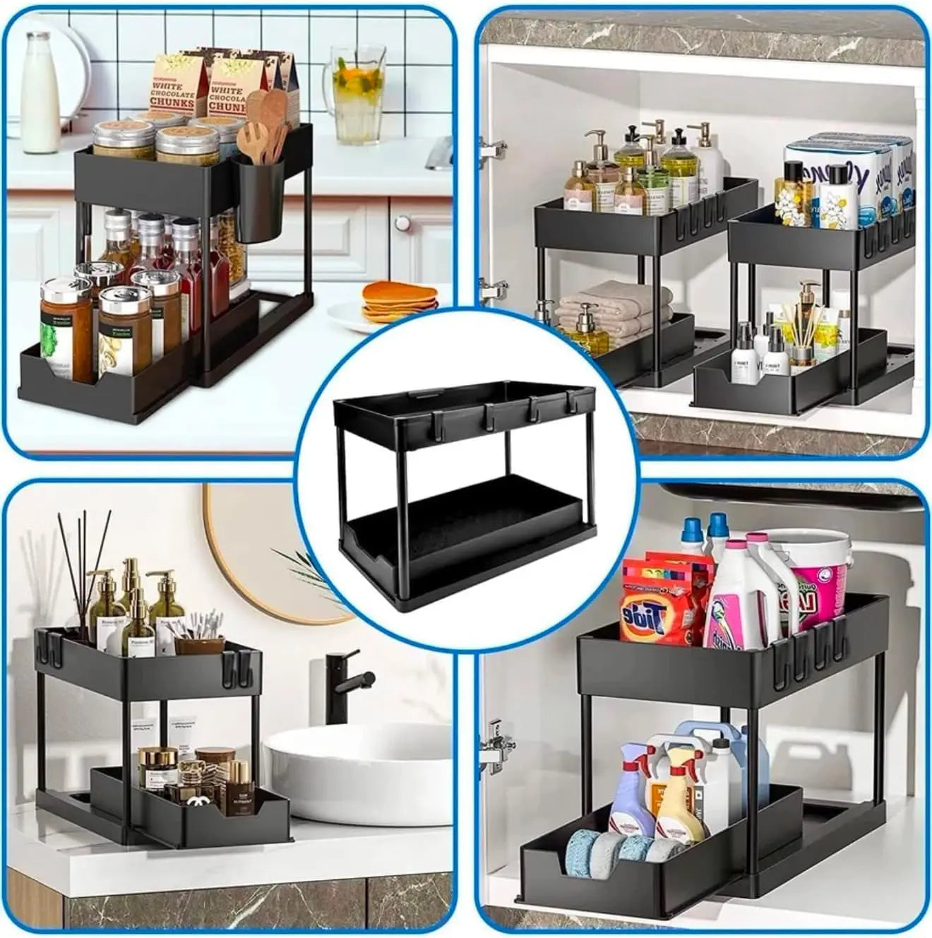 2 Tier Sliding Under Sink Organizer with 5 Side Hooks and 3 Detachable Hanging Baskets,Pull Out Rustproof Metal Storage Rack,Tool Free Assembly,Multi Scene Space Saving Shelf for Kitchen,Bathroom,Laundry Room,Pantry,Apartment
