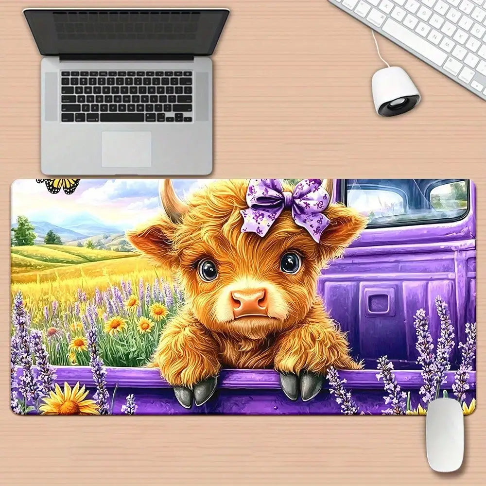 1pc Of Adorable Purple Highland Cattle Mousepad - A Large Desk Mat Featuring A Charming Cow And Lavender Field, Equipped With A Non-Slip Rubber Base, A Smooth Surface, And Built To Last For Office Use, Pcs, Laptops, Keyboards