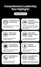 Sports Bluetooth Ear Clip Headphones LED Mirror Screen, HiFi Lossless Sound, Noise Cancelling, Soft Silicone Comfort Earphones