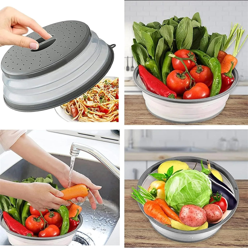 Microwave Splatter Covers, 10.4" Collapsible Microwave Lid for Food, 300°F Heat-Resistant PP Splatter Guard for Plate Dish, Multi-Use Kitchen Colander Gadget for Washing Fruits Vegetables
