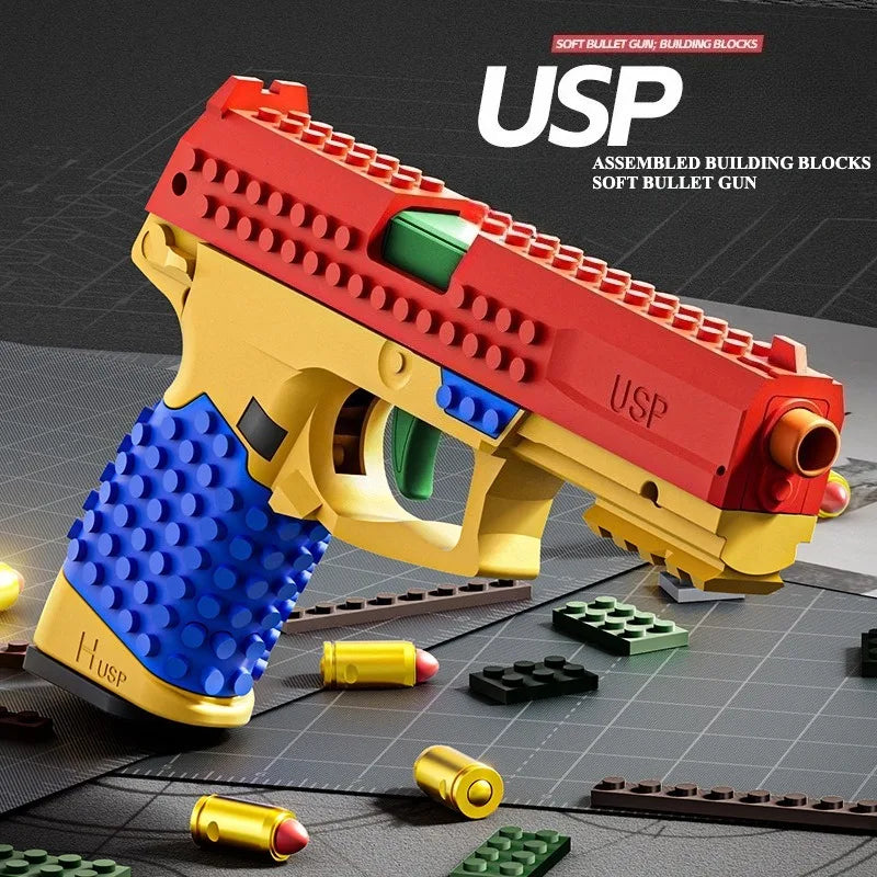 SIG17/USP Building Block Toy Gun Shell Throwing Continuous Firing Airsoft Blowback Empty Hanging Toy Pistol for Outdoor CS Game