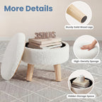JHK Round Storage Ottoman Stool Teddy Velvet Padded Seat Footstool with Hidden Storage Wood Legs for Living Room Bedroom