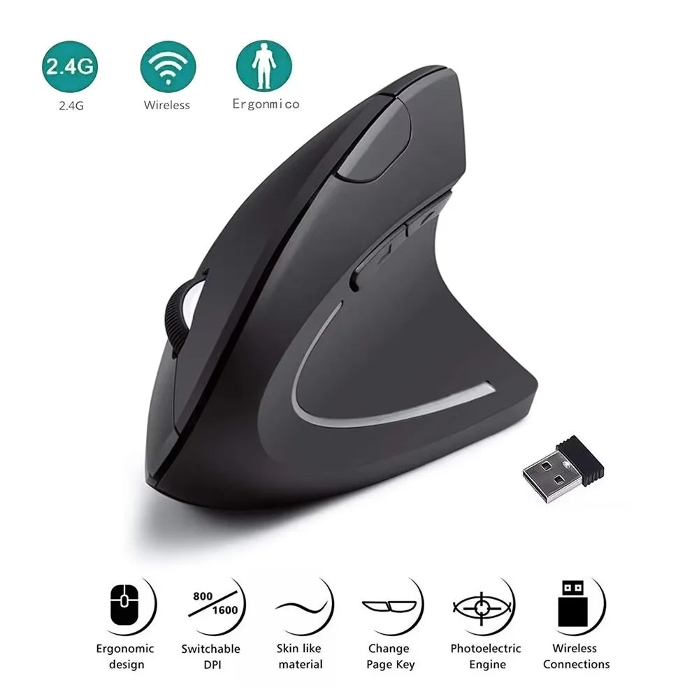 Vertical Ergonomic Wireless Mouse 2.4GHz Optical 3 Adjustable DPI 800/1200/1600 6 Buttons for Laptop PC Computer