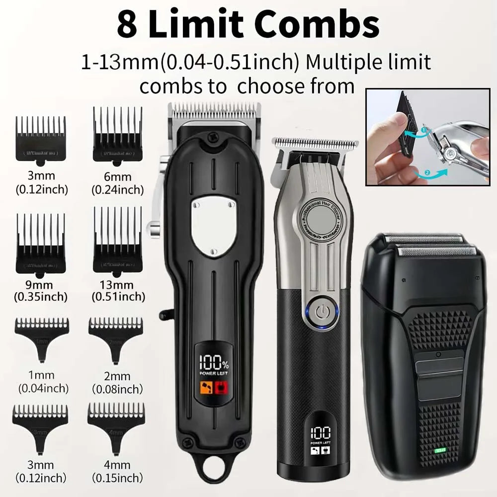 Professional Hair Clipper Set for Men, Cordless Haircut Kit with LED Display, 3-in-1/2-in-1/1pc  rechargeable Hair Clipper & T-Blade Trimmer & electric shaver, Barber Zero-Gapped Detailer, DIY Grooming Tools with Scissors, Co