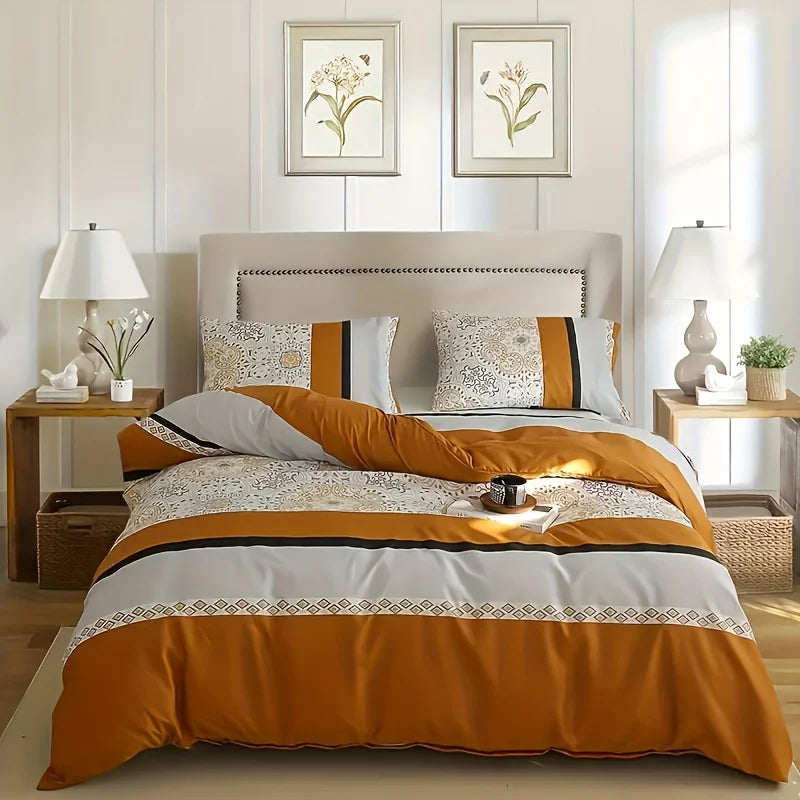 Orange-Gray Striped Print Three-Piece Duvet Cover Set, Skin-Friendly and Breathable Bedding (1 Duvet Cover + 2 Pillowcases), Ultra-Soft Breathable Fabric, Skin-Friendly, Comfortable, Breathable, Machine Washable, All-Season B