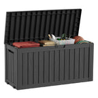 75 Gallon Black Outdoor Storage Box Waterproof Resin Deck Box with Wheels Lockable Patio Garden Storage Container for Cushions Tools Pool Supplies