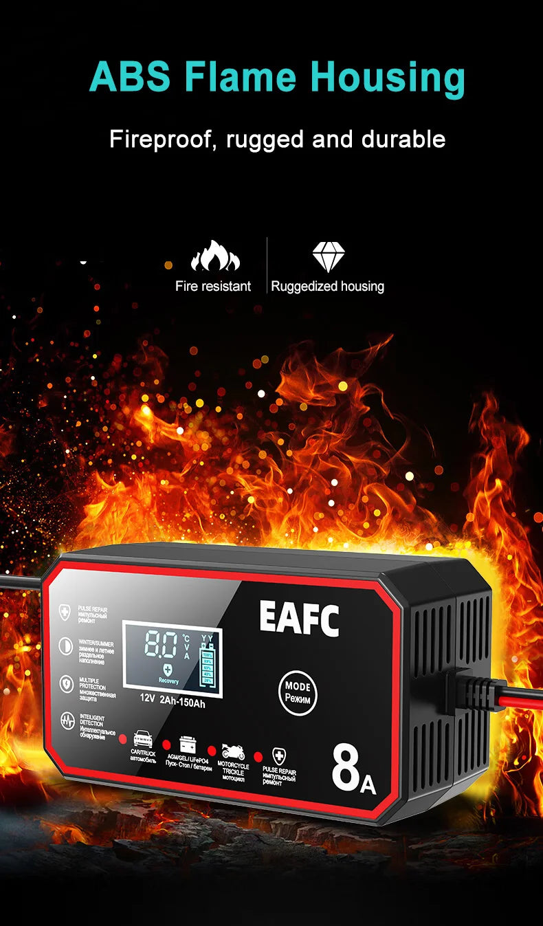 EAFC 12V 8A /6A Car Battery Charger Quick Charge Automatic Smart Battery Charger LCD Display for Lead Acid Agm Gel Wet LiFePO4