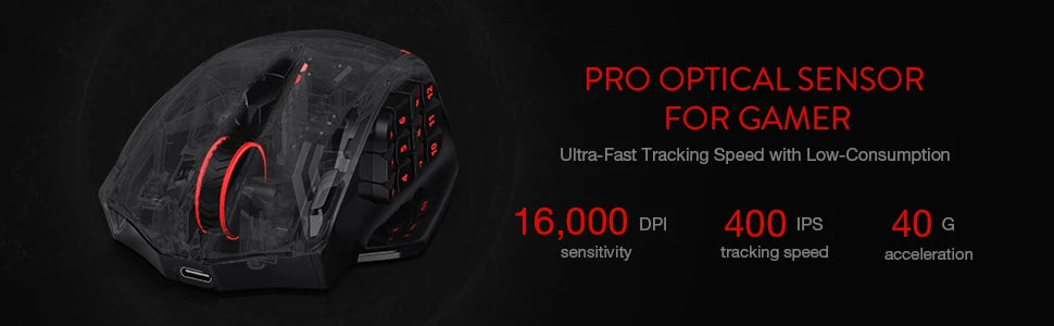 Redragon M913 Gaming 16000 DPI Wired 2.4Ghz Wireless RGB Optical Gamer Mice 16 Programmable Buttons, Black/White Mouse