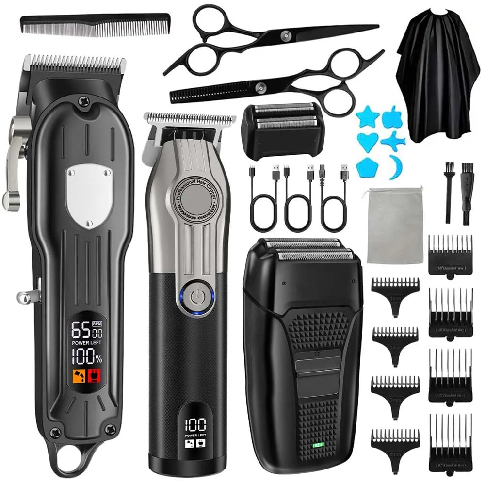 Professional Hair Clipper Set for Men, Cordless Haircut Kit with LED Display, 3-in-1/2-in-1/1pc  rechargeable Hair Clipper & T-Blade Trimmer & electric shaver, Barber Zero-Gapped Detailer, DIY Grooming Tools with Scissors, Co
