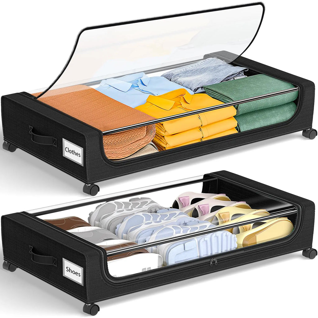 Under Bed Storage With Wheels, 2-Pack 48L Each Under The Bed Storage Containers With Clear Lids & Label, Underbed Storage Bins
