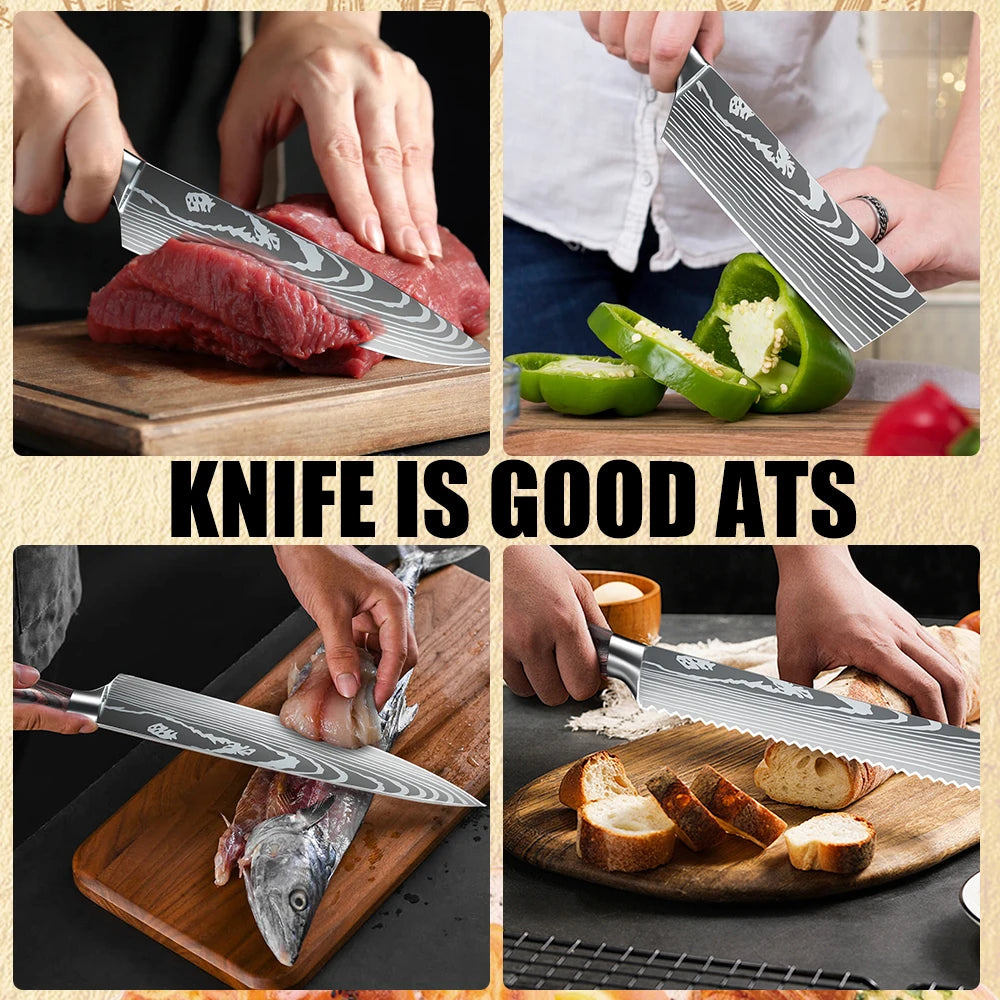9 Types of Stainless Steel Kitchen Knife, Japanese Chef Knife, Meat Cleaver, Santoku, Bread, Boning, Slicing, Fruit Knife with Gift Box