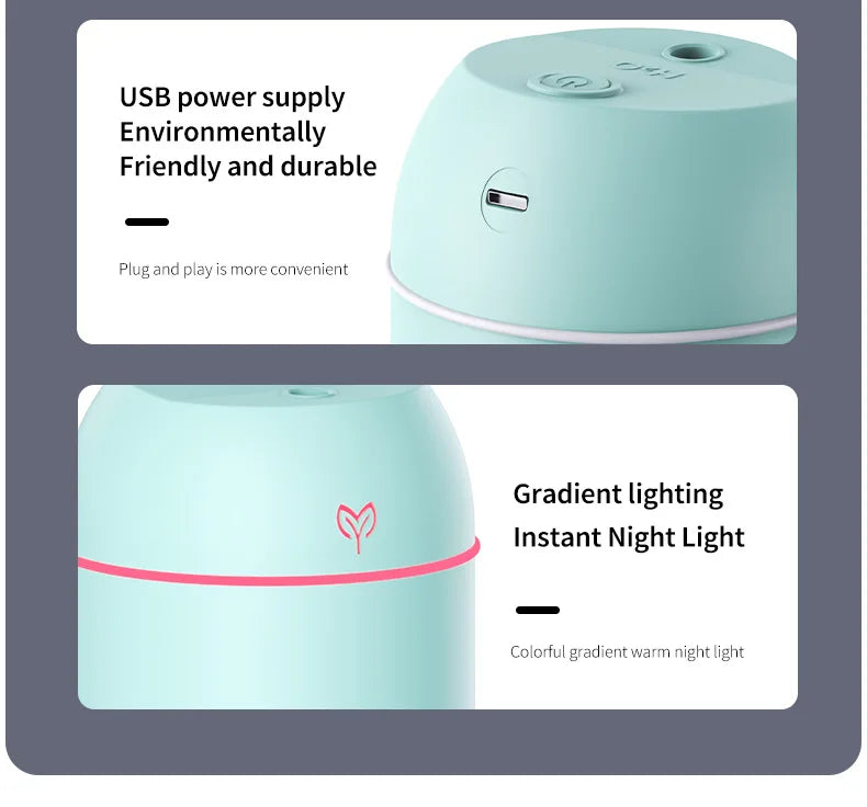 250ML Mini USB Air Humidifier Aroma Diffuser Essential Oil Cool Mist Maker RGB LED Night Light Quiet for Home Car Office Bedroom