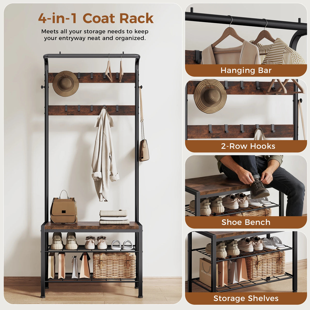 JHK 4-in-1 Coat Rack with Shoe Bench Entryway Bench with Shoe Storage Hooks Mudroom Storage Organizer with Shelves For Home