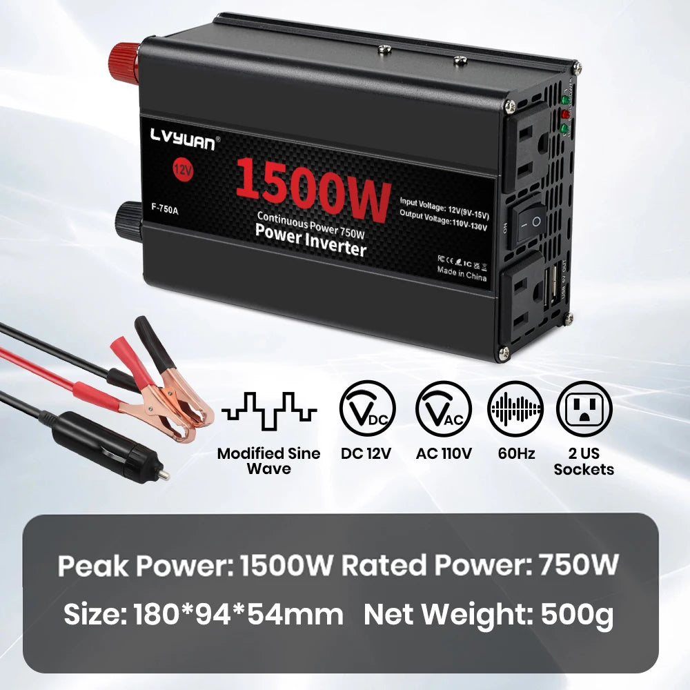 Car Power Inverter 1500W 2000W 2600W 6000W DC 12V To AC 120V Transformer with Dual Socket Charge,2×3.1A USB Port.
