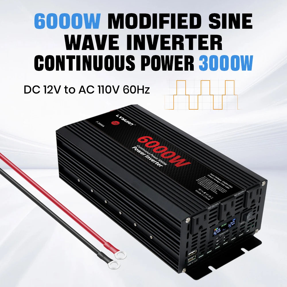 Car Power Inverter 1500W 2000W 2600W 6000W DC 12V To AC 120V Transformer with Dual Socket Charge,2×3.1A USB Port.