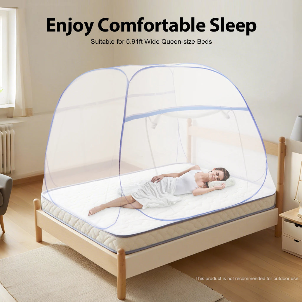 1.8M Blue Bed Cover Total Enclosed Anti-Mosquito Bed Canopy with Storage Bag Triple Door Double Zip Design Easy Installation