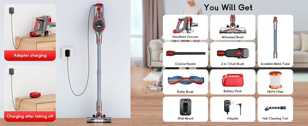 Honki Cordless Vacuum Cleaner 78KPA 45Mins 6*2200mAh Lightweight Stick Vacuum Cleaner for Home Hardwood Floor Carpet Pet Hair