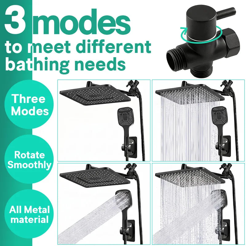 Matte Black Dual Shower Head System,11 Inch Rain Shower Head with 180° Adjustable Extension Arm,3‑Modes Anti‑Low‑Pressure Handheld Shower with Sand Filter,No Drill Adhesive Bracket Complete Bathroom Shower Kit for ever
